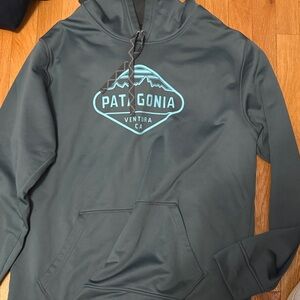 Patagonia Charcoal Hoodie with Teal Logo